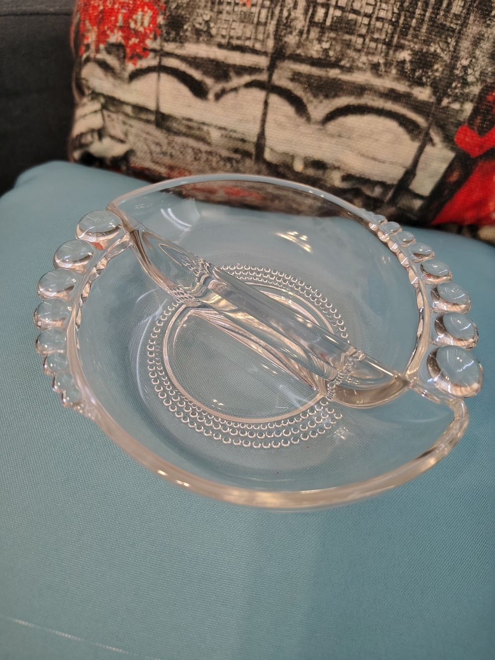 Vintage Duncan & Miller Teardrop Bubble Clear Glass Divided Relish Candy Dish 6"